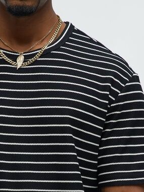 Fashion Nova Denton Texture Striped Knit Relaxed Tee – Black/Combo – Medium